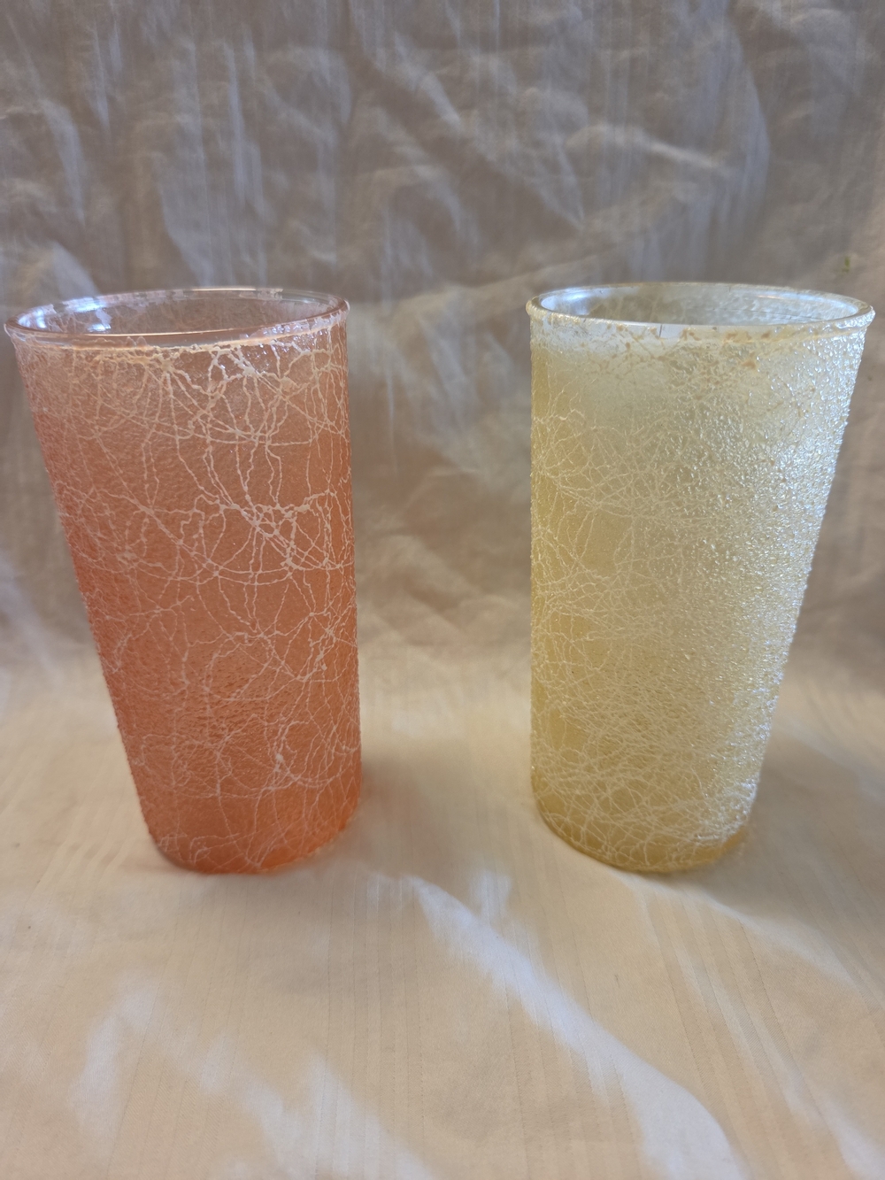 Vintage Retro Set Of 2 Spaghetti String Glass Tumblers Yellow Orange MCM